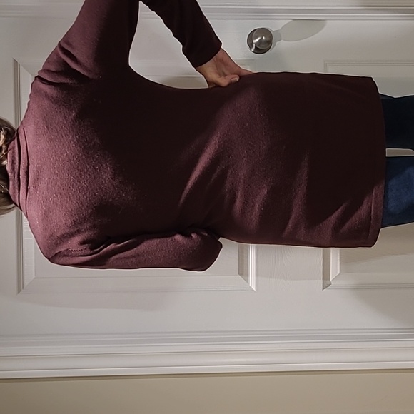 RW&CO long sleeve ladies cardigan in a rich burgundy and trendy buckle. - Picture 2 of 6